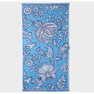 Roller Rabbit x Target Floral Beach Towel Blue White Fringe Trim NEW